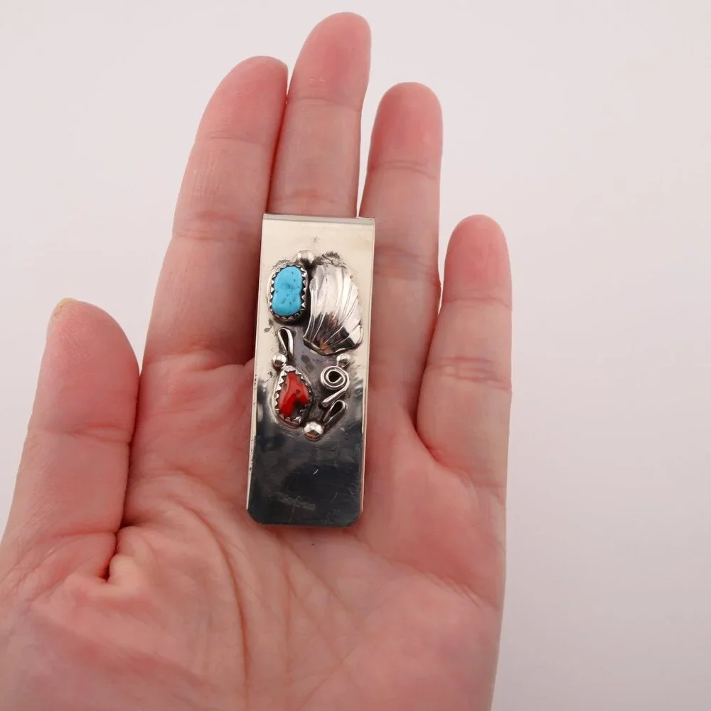Native American Money Clip Sterling Silver Turquoise and Coral Stones Handmade**